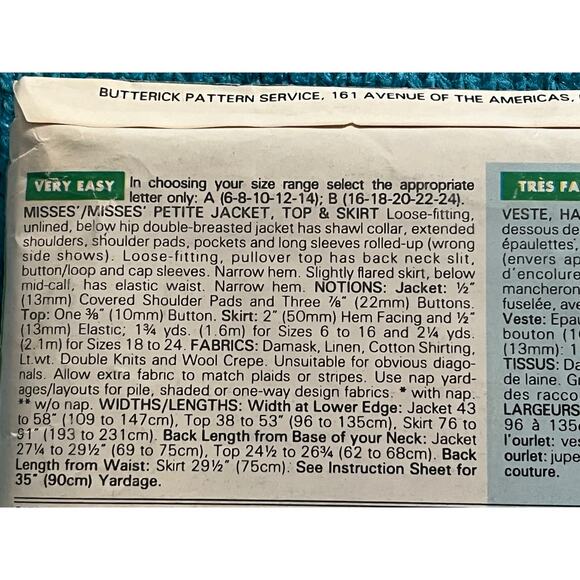 Butterick Sewing pattern 5420 suit top skirt sz 16-22 - Picture 5 of 8